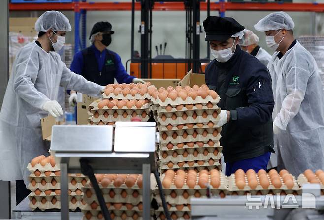 [당진=뉴시스] 이영환 기자 = 16일 충남 당진시 농업회사법인 한솔루트원에서 직원들이 태국산 신선란 포장 제거 작업을 하고 있다.한국농수산식품유통공사(aT)는 태국산 신선란 수입을 통해 국내 계란 수급 안정과 소비자 가격 부담 완화에 나선다고 밝혔다. 2026.04.16. 20hwan@newsis.com