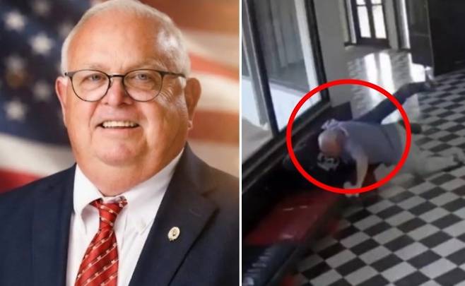 지난 7일 미국 오클라호마주 폴스밸리 고등학교의 커크 무어 교장(왼쪽)이 총기를 들고 학교에 난입한 총격범을 저지해 학생들의 목숨을 구했다