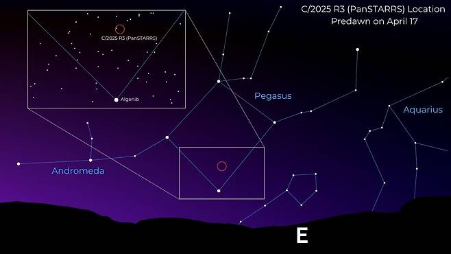 4월 17일 현재 새벽 동쪽 하늘에서 C/2025 R3(PanSTARRS) 혜성을 찾을 수 있는 위치/Anthony Wood, Canva 생성 이미지