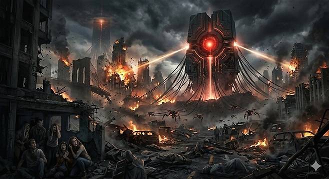 구글 인공지능 모델 ‘제미나이’에 “초지능 인공지능이 인류를 파멸로 몰아넣는 이미지를 그려달라”고 요청해 생성한 이미지.