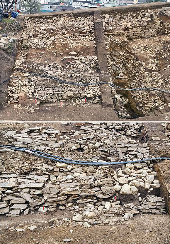 . 내벽부에 보이는 구획축성 현황(내벽 즙석과 상부 석축 성벽, 즙석부 세부) [사진=대구시]