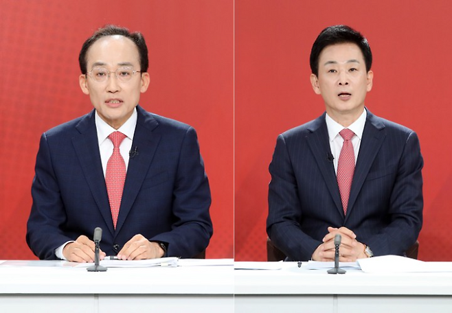 국민의힘 6·3 지방선거 대구시장 본경선에 진출한 추경호 국민의힘 의원(왼쪽 사진)과 유영하 의원이 지난 13일 경선 토론회에서 발언하고 있다. 연합뉴스