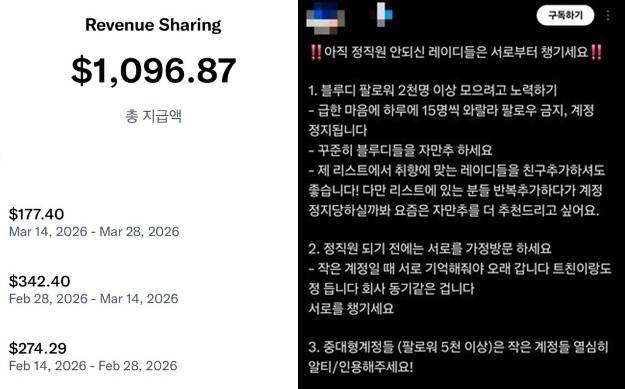 한 블루레이디가 인증한 수익금(왼쪽)./사진=엑스(X·옛트위터)