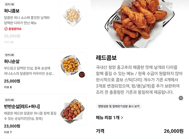 서울의 한 교촌치킨 매장의 배달앱 메뉴판 [배달의민족 앱 갈무리]