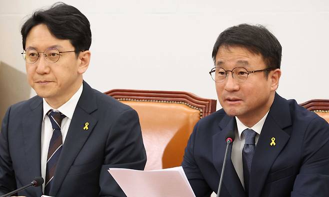 한병도 더불어민주당 원내대표가 16일 오전 서울 여의도 국회에서 열린 정책조정회의에서 발언을 하고 있다. 뉴시스