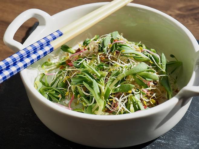 밥 위에 돌나물과 각종 나물을 올리고 고추장을 넣어 비비면 돌나물비빔밥이 완성된다. 클립아트코리아 제공