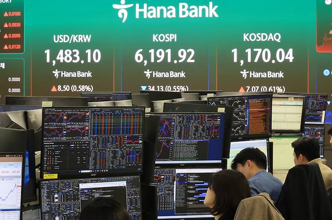 17일 서울 중구 하나은행 본점 딜링룸에 코스피 등을 비롯한 지수가 표시되고 있다. 이날 코스피는 전장보다 34.13포인트(0.55%) 내린 6191.92로 거래를 마감했다. 코스닥지수는 전장보다 7.07포인트(0.61%) 오른 1170.04로 장을 마쳤다.