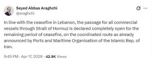 아바스 아라그치 이란 외무장관의 호르무즈 해협 개방 메시지 [아라그치 장관 엑스 캡처. 재판매 및 DB 금지]