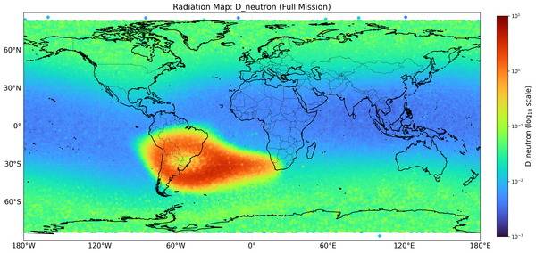 ▲ 레오도스가 임무 기간 동안 관측한 전 지구 우주방사선 누적 중성자 전천 지도. 우주항공청 제공