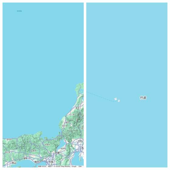 사용자 접속 위치를 일본으로 바꾸자 일본해와 다케시마로 표기가 바뀌었다.