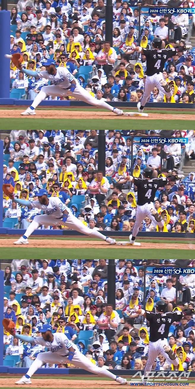 5회초 무사 2루서 신민재의 유격수앞 땅볼 때 1루 접전 상황. 1루심은 아웃을 선언했는데 LG는 당시 비디오판독을 다 써서 신청할 수가 없었다. SBS 중계방송 화면 캡쳐