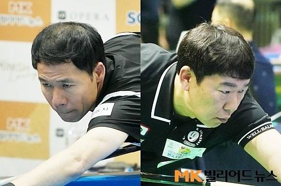 올시즌 개막전 국토정중앙배에서 우승한 허정한(왼쪽)이 17일 안동시장배 전국3쿠션당구대회 16강전에서 송석규에 완승을 거두고, 이형래와 8강에서 만난다.