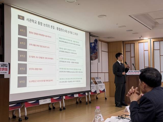 17일 오후 서울 여의도 국회 의원회관 제3세미나실에서 열린‘육·해·공군 사관학교 통합 이슈 진단 정책 포럼에서 김세진 태재연구재단 책임연구원이 발표하고 있다. 육군·해군·공군 총동창회 제공