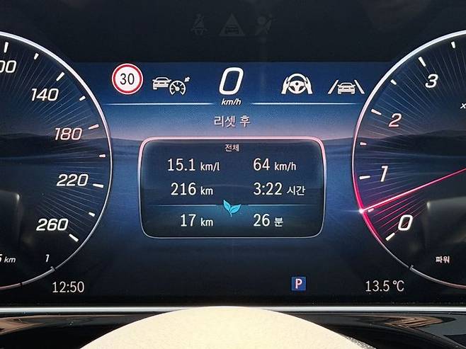 [서울=뉴시스] 김민성 기자 = 메르세데스-벤츠 E450 4matic 익스클루시브'를 타고 216㎞를 달린 후 연비는 15.1㎞/ℓ였다. 6기통 엔진을 장착했음에도 불구하고 마일드 하이브리드의 개입 및 회생제동을 통해 준수한 연비를 기록했다. kms@newsis.com. *재판매 및 DB 금지