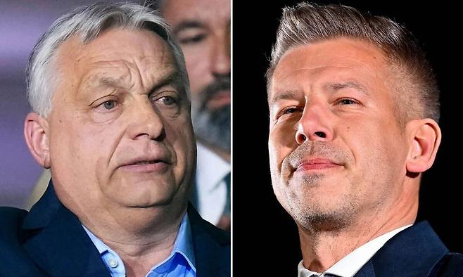 오르반 빅토르 헝가리 현 총리(왼쪽)와 오는 5월 초 취임할 머저르 페테르 차기 총리. AP연합