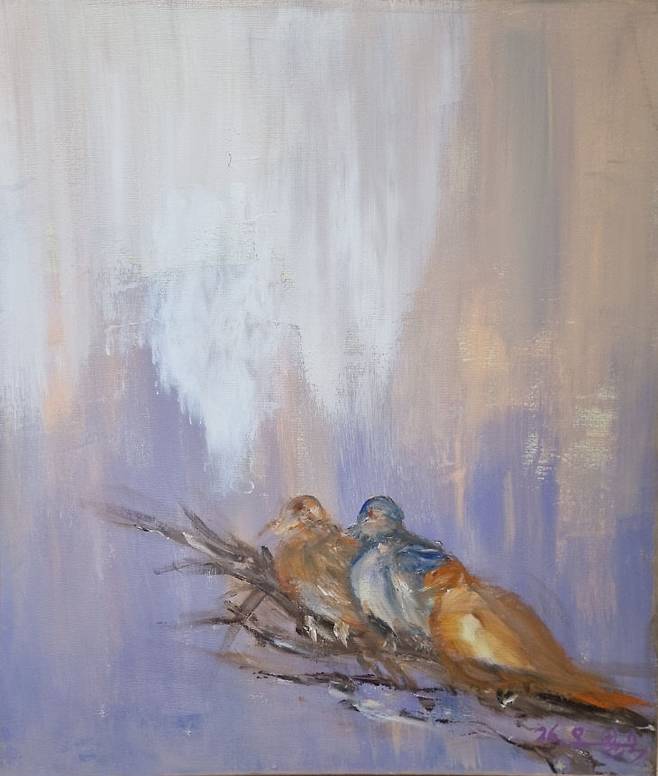오정숙 작, 새들의 단심, 53.5×46.5cm, Acrylic on canvas, 작품 의도: 환경의 열악함에도 꿋꿋하게 버티며 인내하고 자리 뜨는 일 없이 자신들을 지켜가고 있는 희망의 메시지