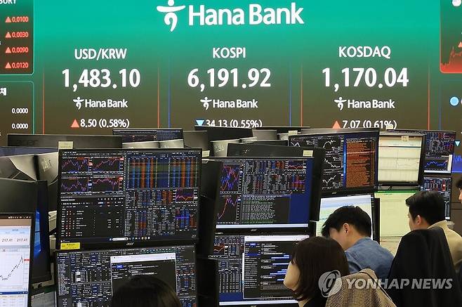 17일 서울 중구 하나은행 본점 딜링룸에 코스피 등을 비롯한 지수가 표시되고 있다. / 사진=연합뉴스