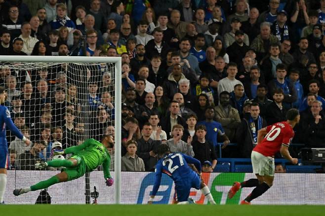 맨체스터 유나이티드의 마테우스 쿠냐가 첼시와 경기에서 결승골을 터뜨린 뒤 기뻐하고 있다. 사진=AFPBBNews