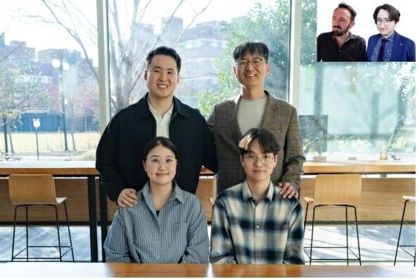 AI융합학과 김경중 교수가 이끈 국제 공동 연구팀. 뒷줄 왼쪽부터 시계방향으로 문재영 박사과정생(제1저자), 김경중 교수(교신저자), 박유천 석박통합과정생, 최유진 박사후연구원. 우측 상단은 왼쪽부터 몰타대학교 조르지오스 야나카키스 교수, 남덴마크대학교 데이비드 멜하트 교수.(사진=GIST)