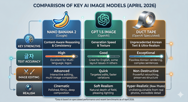 나노 바나나, GPT-1.5 이미지 모델, 덕트 테이프 모델 성능 비교표. 제미나이로 생성한 이미지.