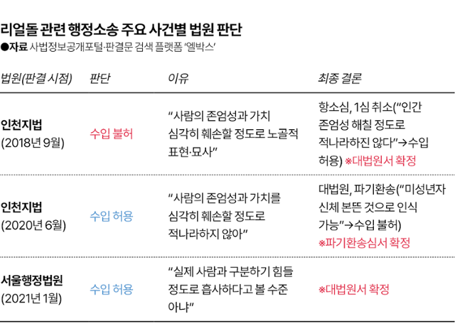 리얼돌 관련 행정소송 주요 사건별 법원 판단. 그래픽=김대훈 기자