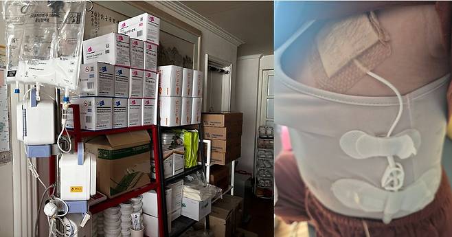 지난달 20일 A양의 집에 방을 넘어 거실까지 의료 물품이 가득 쌓여 있는 모습. 그 옆에는 A양 곁에 늘 있는 수액이 걸린 폴대가 있다. 오른쪽 사진은 A양의 중심정맥에 튜브가 연결된 모습이다. 사진 독자