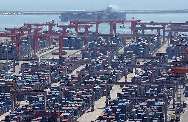 8일 부산항 신선대부두 야적장에 컨테이너가 가득 쌓여 있다.뉴스1