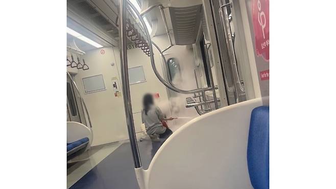▲ 여성 탑승객이 소화기를 무단으로 분사 하고 있다&nbsp;[온라인 커뮤니티]