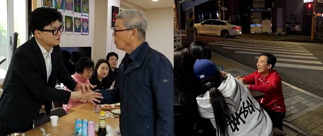 부산 북구갑 지역구 주민들을 찾아나선 한동훈 전 국민의힘 대표(왼쪽)와 박민식 전 국가보훈부 장관 / 사진=후보자SNS