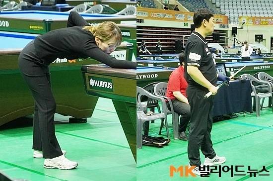 대한당구연맹이 선수들이 보다 편안하게 경기할 수 있도록 ‘안동시장배’ 부터 검정구두 외에 운동화도 착용할 수 있도록 규정을 완화했다. 최봄이(왼쪽)와 이형래가 운동화를 신고 경기하고 있다.