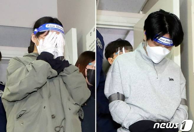 가평 계곡 살인 사건 주범 이은해(왼쪽)와 공범 조현수가 2022년 4월 구속 전 피의자 심문(영장실질심사)을 받고자 인천지법으로 이동 중인 모습. /사진=뉴스1