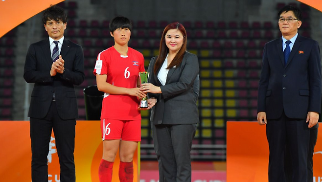 ▲ 북한은 이번 대회 조별리그 3경기와 토너먼트 2경기까지 무려 25골을 몰아치면서 단 한 골도 허용하지 않았다. 사노 헤더 득점은 북한의 이 대회 첫 실점이었다. 동시에 이 한 골이 우승을 가르는 결정타가 됐다. ⓒ 아시아축구연맹