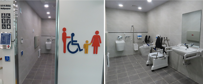 ▲ 경기도장애인종합지원센터 내 '모두의 화장실' 입구에 붙은 전국 최초 사례인 화장실 점자안내판과 커다란 픽토그램(왼쪽), 모두의 화장실 안에는 장루·요루 세척기, 기립식 변기, 성인용 기저귀 교환대, 환복용 발판, 지팡이·목발 거치대 등이 설치돼 있다./사진제공=경기도장애인종합지원센터