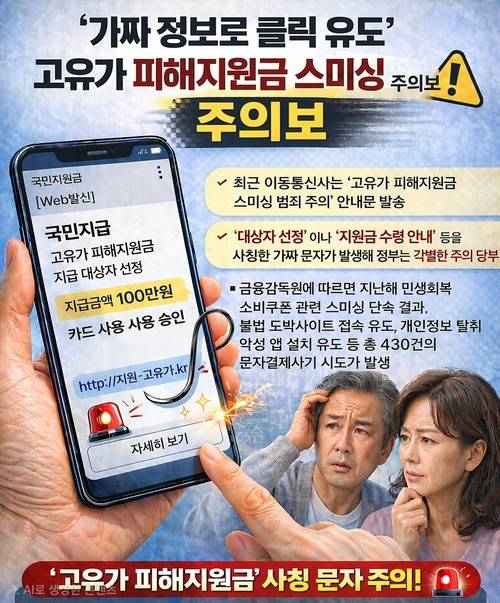 금융감독원이 다음주 시작되는 고유가 피해지원금 신청을 앞두고 문자결제사기(스미싱) 피해 예방을 당부했다. 사진=ChatGPT