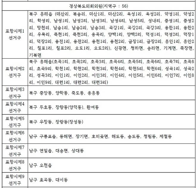 제9회 전국동시지방선거에서 적용하는 포항지역 경북도의회의원 선거구. /국회 제공