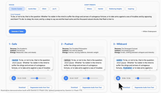 ‘제미나이 3.1 플래시 TTS’의 ‘오디오 태그’ 기능을 활용해 음성 표현력과 속도, 전달 방식 등을 조정하는 화면. 구글 공식 블로그 갈무리