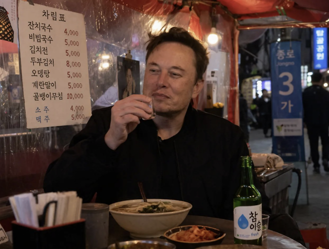 20일 사회관계망서비스(SNS) X(구 트위터)에 일론 머스크 테슬라 최고경영자(CEO)가 포장마차에서 술을 마시고 있는 모습의 이미지가 게재됐다. 이 이미지는 오픈AI가 개발한 것으로 추정되는 이미지 생성 AI 모델 '덕 테이프'로 만들어졌다. X 캡처
