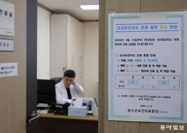 16일 전북 장수군 산서보건지소에서 가정의학과 전문의 최용선 씨가 환자를 진료하고 있다. 장수군은 올 들어 군 공중보건의사가 9명에서 6명으로 줄면서 봉직의 2명을 채용했다. 장수=변영욱 기자 cut@donga.com