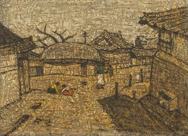 박수근, 〈춘일(春日)〉, 1950년대, 카드보드에 유화 물감, 24.4×33.2cm. 국립현대미술관 이건희컬렉션 ⓒ박수근연구소