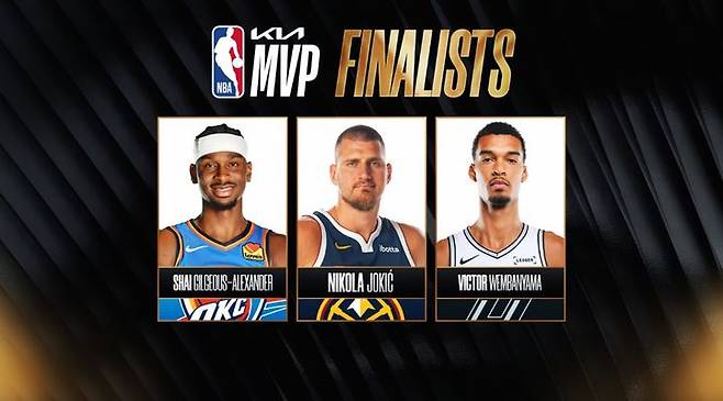 [서울=뉴시스] 미국프로농구(NBA) 최우수선수(MVP) 최종 후보로 선정된 셰이 길저스 알렉산더, 니콜라 요키치, 빅토르 웸반야마. (사진=NBA 홈페이지 캡처) 2026.04.20. photo@newsis.com *재판매 및 DB 금지