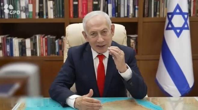 영상 메시지 발표하는 베냐민 네타냐후 이스라엘 총리. 이스라엘 총리실 제공