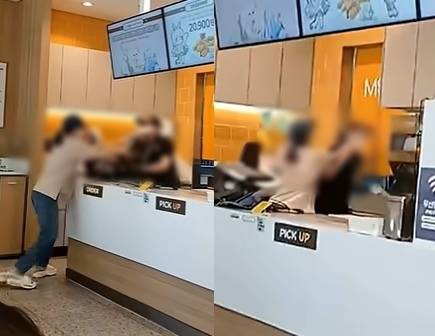지난해 10월 햄버거 프랜차이즈 ‘맘스터치’의 한 매장을 찾은 여성이 음료 리필을 요구하다 거절당하자 직원을 폭행하고 계산대 등을 파손하고 있다. 자료 : 유튜브