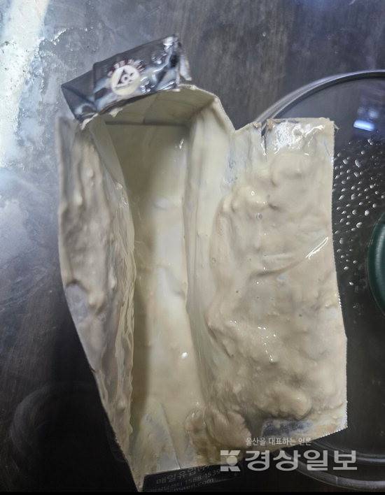 ▲ 지난 17일 구입한 한 두유 제품에서 발견된 고체 덩어리. 독자제공