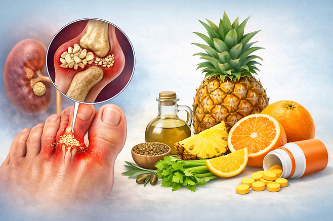 통풍과 비타민C, 브로멜라인 관계(AI 이미지 생성).&nbsp;