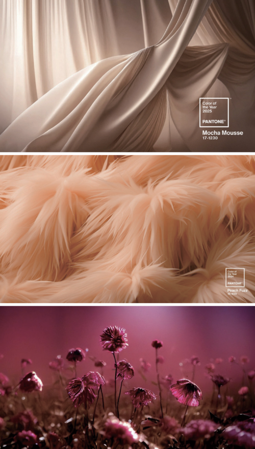팬톤 올해의 색(아래로부터)2023년의 비바 마젠타(PANTONE 18-1750 Viva Magenta), 2024년의 피치 퍼즈(PANTONE 13-1023 Peach Fuzz), 2025년의 모카 무스(PANTONE 17-1230 Mocha Mousse)(이미지 출처 팬톤 홈페이지)