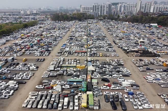 19일 인천 연수구의 옛 송도유원지 인근 중고차 수출 단지 야적장이 주차된 중고차로 가득 한 모습. 인천=신원건 기자 laputa@donga.com