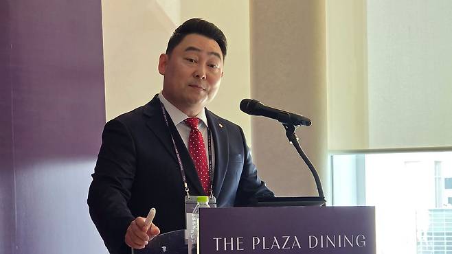 21일 한화푸드테크의 '더 플라자 다이닝' 기자간담회에서 조용기 한화푸드테크 대표가 발언하고 있다. 노유림 기자