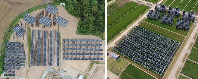 왼쪽 사진은 완주에 설치한 영농형 태양광 양축 추적식, 고정식 설비이며 오른쪽 사진은 영암에 설치한 양축 추적식 및 단축 추적식, 고정식 설비다. 사진 파루솔라연구소