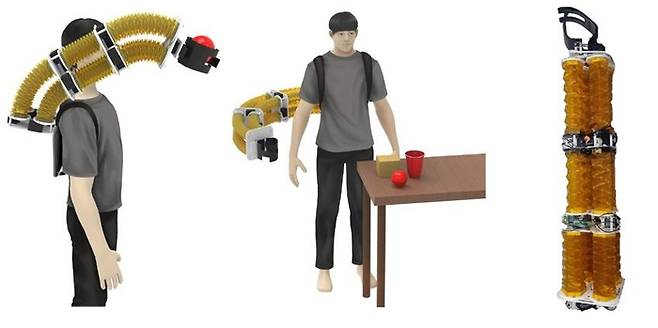 차영수 고려대 전기전자공학부 교수가 개발한 웨어러블 소프트 로봇팔의 구동 콘셉트와 실물 사진. [사진=고려대]