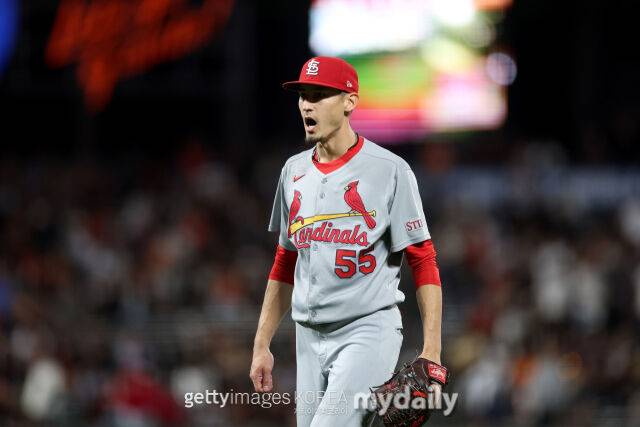 세인트루이스 카디널스 라일리 오브라이언이 마운드에서 포효하고 있다. 2025시즌 투구 모습./게티이미지코리아